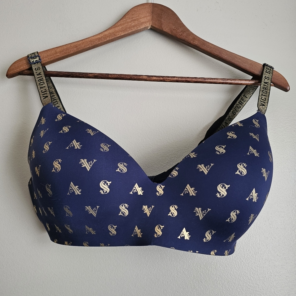 VICTORIA SECRET T-Shirt Lightly Lined Wireless Logo Print Bra Navy Gold